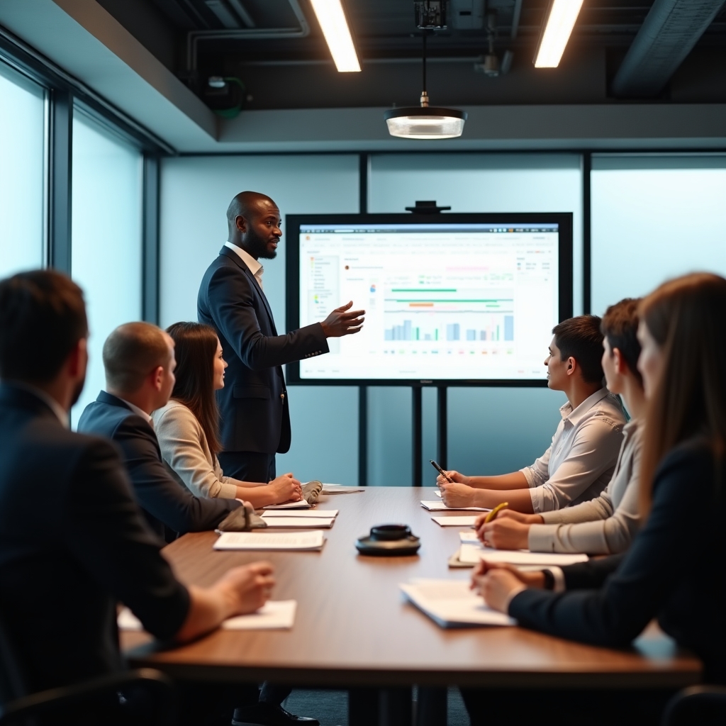 Sessione di formazione aziendale con team professionale in sala riunioni moderna