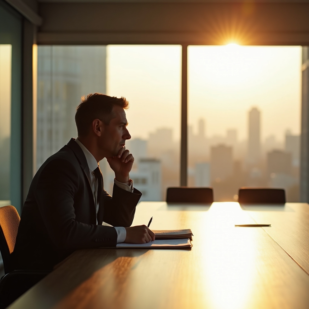 Professionista concentrato che riflette su una decisione importante al tavolo di lavoro