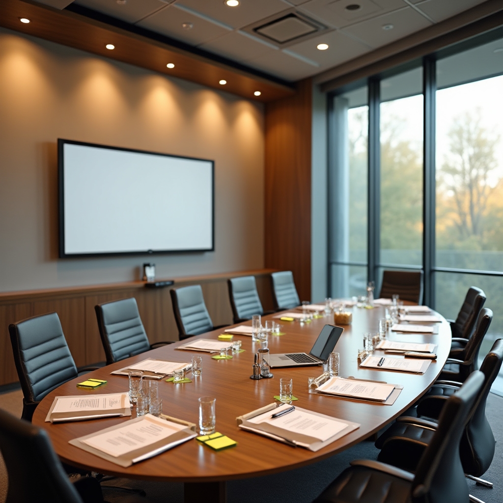 Sala riunioni collaborativa con tavolo e attrezzatura audiovisiva per sessioni formative