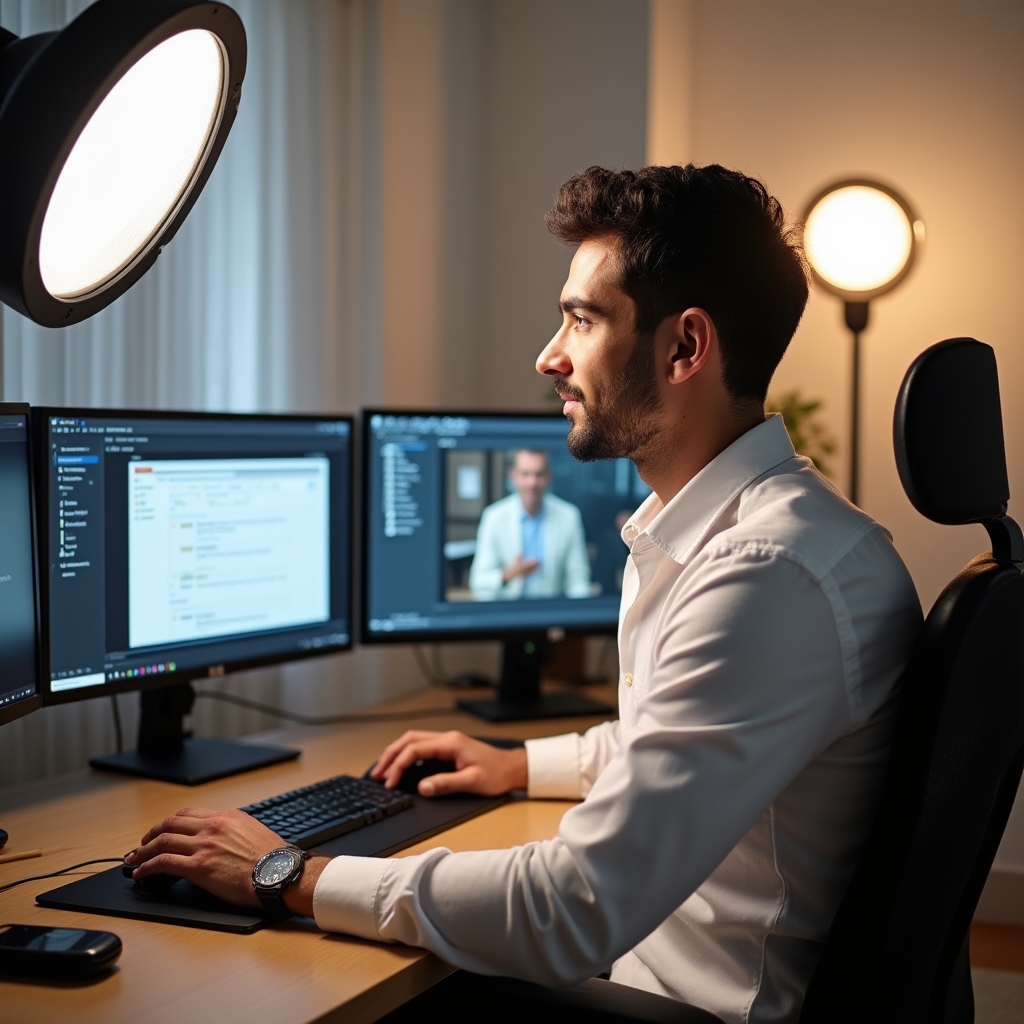 Esperto che crea un corso online dalla propria postazione professionale